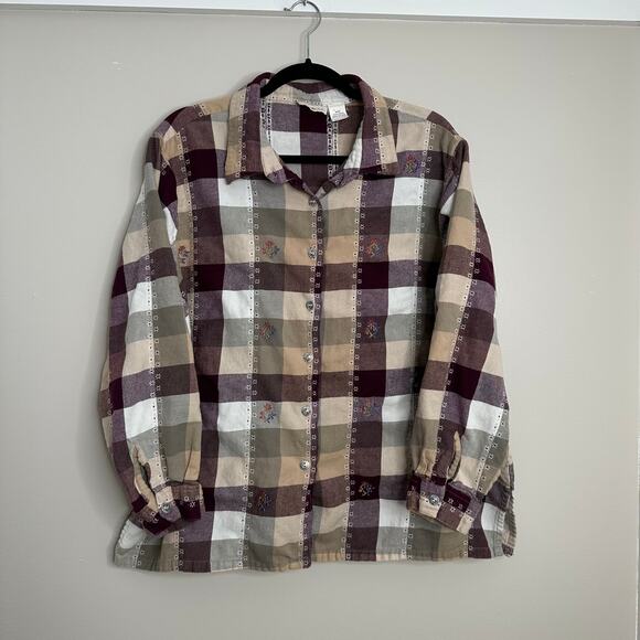 Hunter Run Women's Checkered floral embroidered flannel flower metal buttons XL - Picture 1 of 8